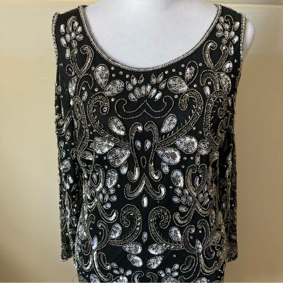 Pisarro Nights Black Evening Dress size 6 Silver Beads & Sequin Overlay - Picture 10 of 11